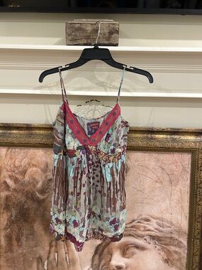 Johnny Was Floral Silk Cami in Mint and Fuchsia Trim